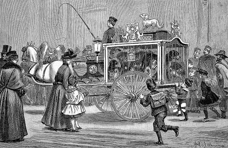 1875年柏林狗公园的装饰性广告车厢，德国柏林狗公园，19世纪原始数字修复复制品，确切日期未知图片素材