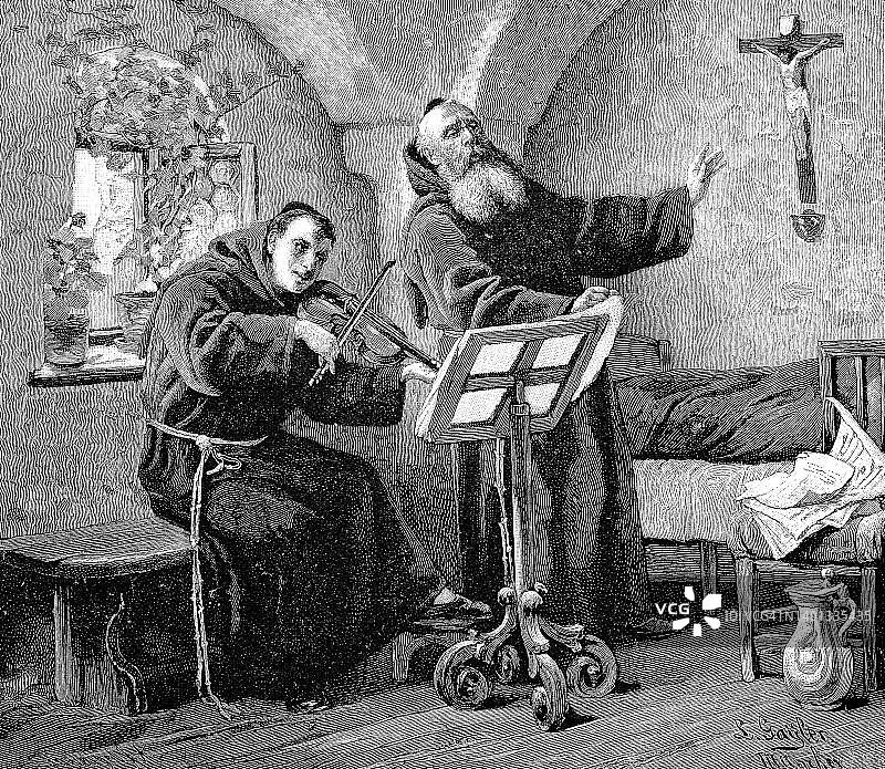 19世纪法国修道院僧侣演奏音乐（数字修复再现）图片素材