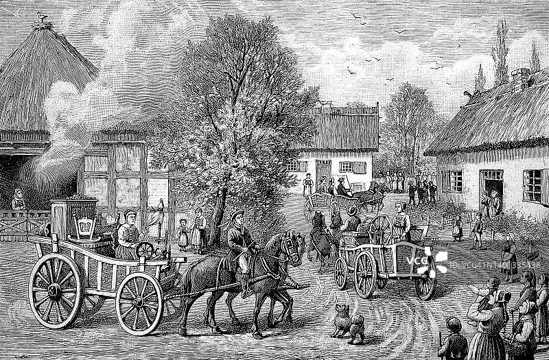 婚礼习俗：1870年左右的嫁妆巡游，新娘乘坐马车，她的家人穿过德国波美拉尼亚村庄图片素材