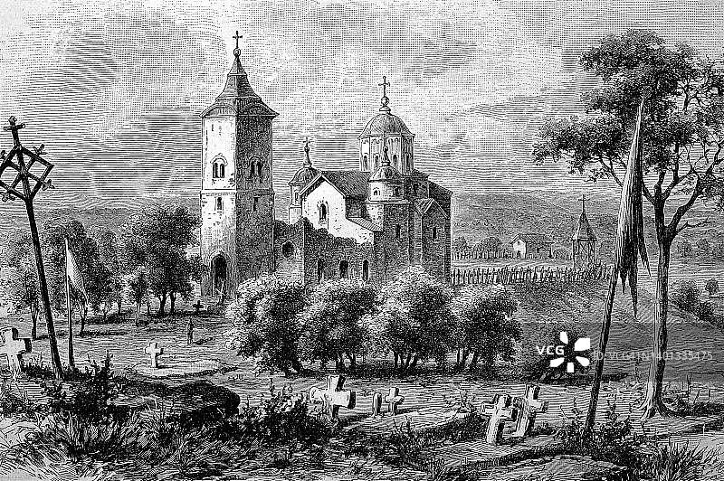 1879年的塞尔维亚希察修道院，塞尔维亚国王加冕教堂，19世纪原版数字修复复制品，确切日期未知图片素材