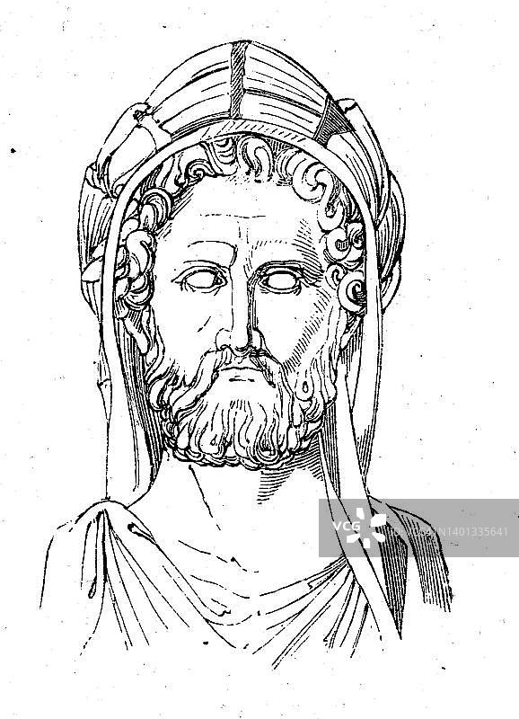 安东尼努斯·皮乌斯，提图斯·弗尔维乌斯·埃里乌斯·哈德里安努斯·安东尼努斯·奥古斯都·皮乌斯，公元86年至161年，安东尼努斯，是罗马皇帝，《古罗马史》，罗马帝国，意大利，19世纪原版数字修复复制品图片素材