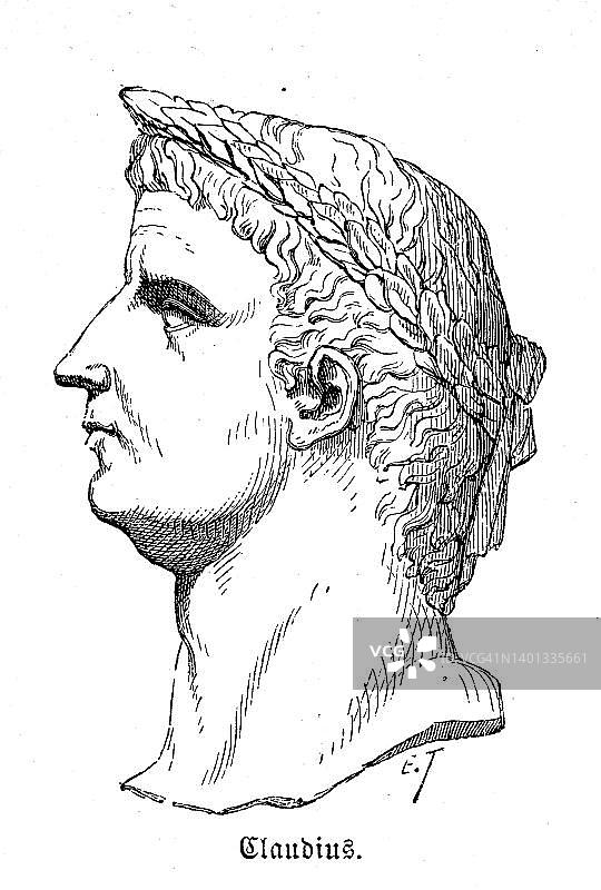 克劳狄乌斯·提贝里乌斯·克劳狄乌斯·凯撒·奥古斯都·日耳曼尼库斯，公元前10年-公元54年罗马皇帝，古罗马历史，罗马帝国，意大利，19世纪原版数字修复复制品图片素材