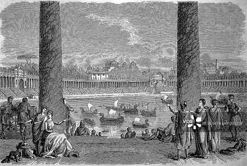 古罗马的海战：奥古斯都海战，古罗马历史，罗马帝国，意大利，19世纪原版数字修复作品图片素材