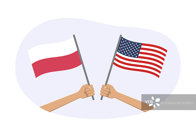 波兰与美国国旗：抽象背景和几何图形中的美国和波兰国家象征，手持挥舞的旗帜矢量插画图片素材