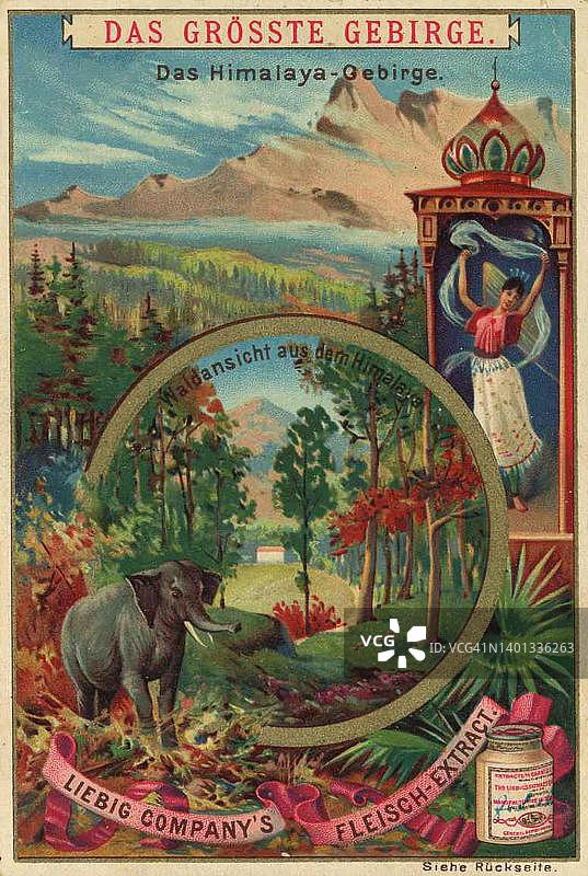 最大的山脉图片系列：喜马拉雅山脉，尼泊尔，历史图片，约1900年收藏家图片的数字修复复制品，确切日期未知图片素材