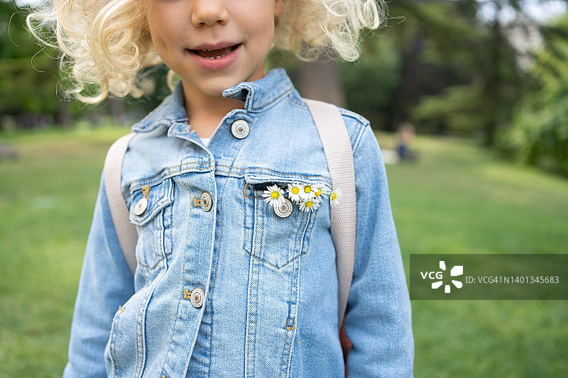 牛仔裤口袋里雏菊花朵的特写图片素材