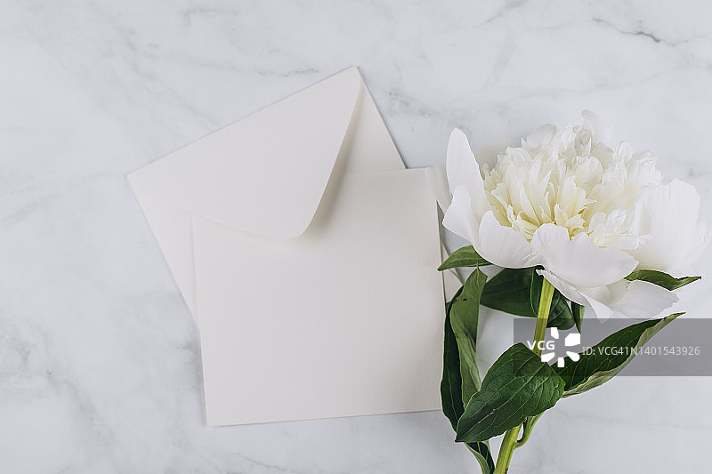 极简风格的平铺，奶油牡丹花和带信封的空白卡片。样机概念。顶部视图，平铺图片素材