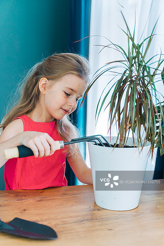 照顾盆栽的可爱金发小女孩图片素材