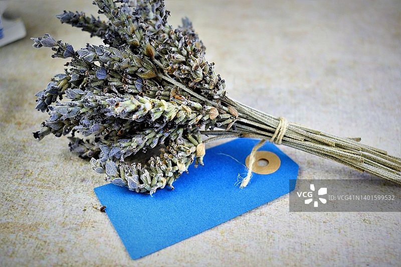 蓝色标签上的薰衣草花束图片素材