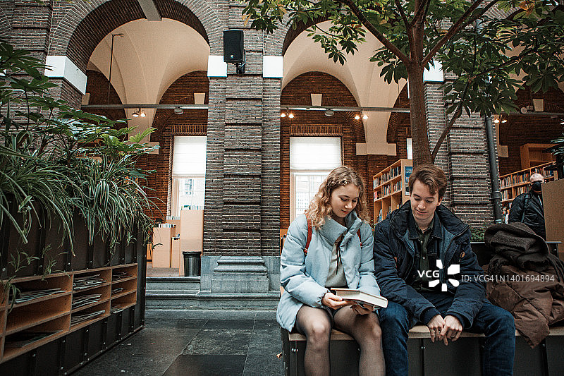 两位大学生在公共图书馆合作学习图片素材