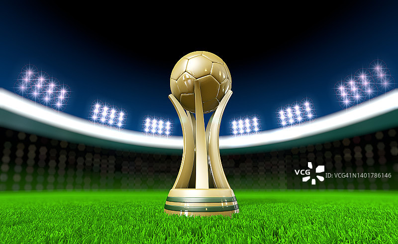 带复制空间的体育场草坪上的足球奖杯图片素材