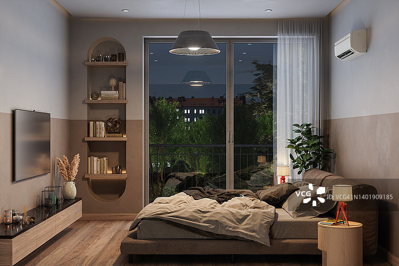 夜晚的现代卧室，配有凌乱的双人床、空调和电视图片素材