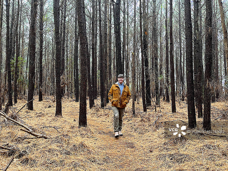 男人在冬日穿过松树林，周末去蒂尔曼岛度假图片素材