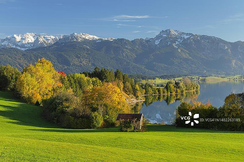 从福尔根湖眺望阿尔高阿尔卑斯山，德国上巴伐利亚图片素材