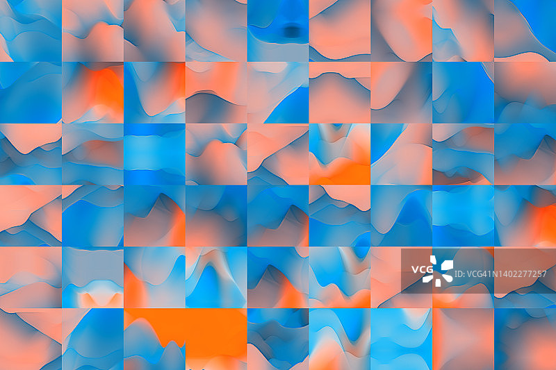 蓝色橙色背景的抽象方形拼贴弯曲集合图片素材