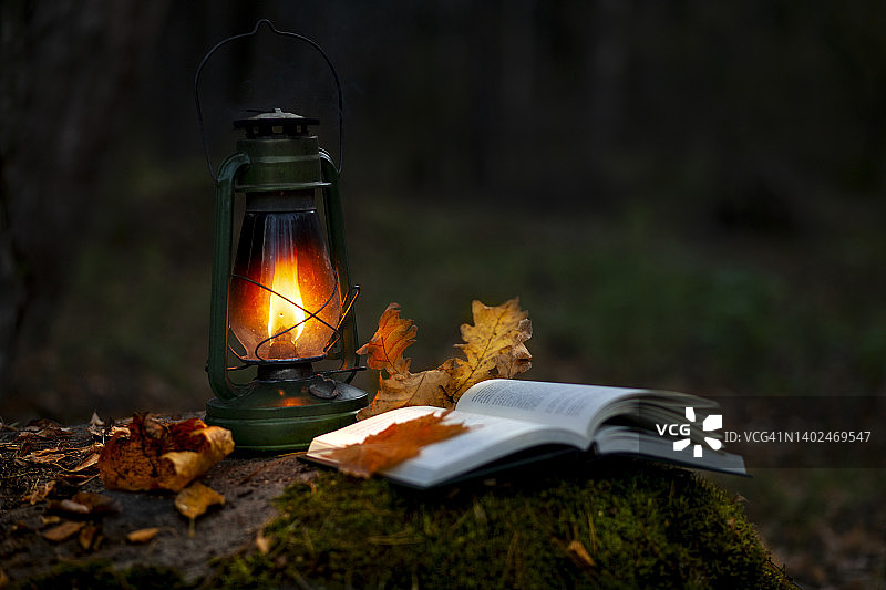 秋天灯光下打开的书籍图片素材