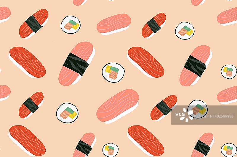 三文鱼和金枪鱼寿司无缝图案插画图片素材