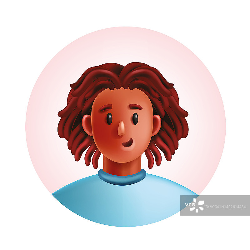 3D头像矢量卡通人物脸部，脏辫黑人青年学生圆形肖像图片素材