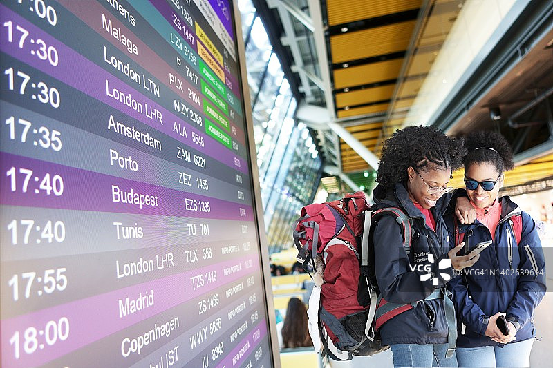 在机场的两名年轻背包女性图片素材