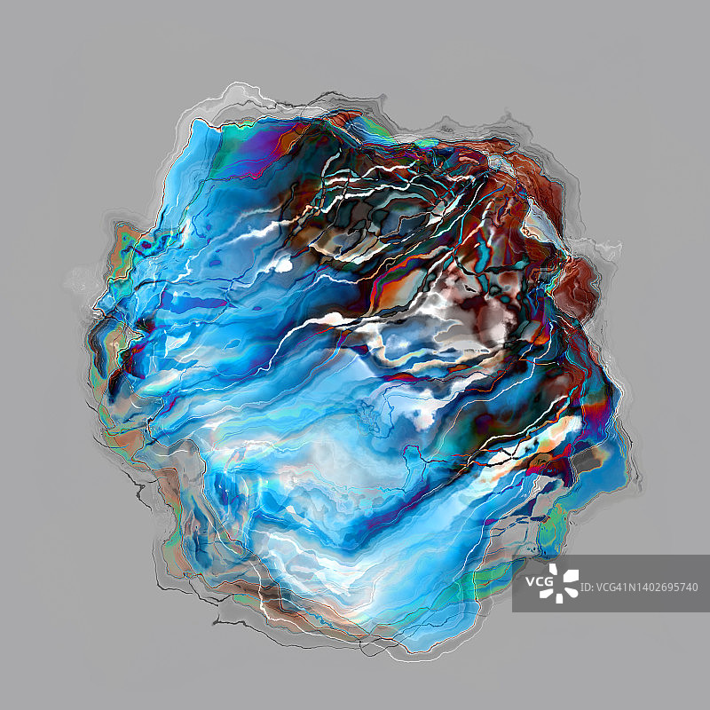 灰色背景上的抽象扭曲故障球体蓝棕色地球纹理，几何未来主义图片素材