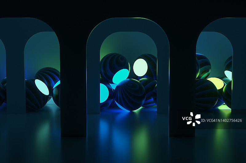黑色房间里夜晚发光的球形像素。3D渲染插图图片素材