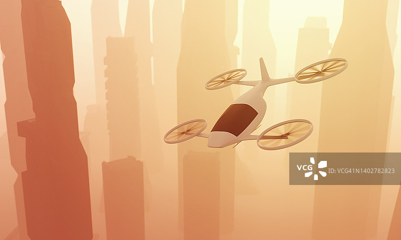 在城市中飞行的电动垂直起降飞行器图片素材