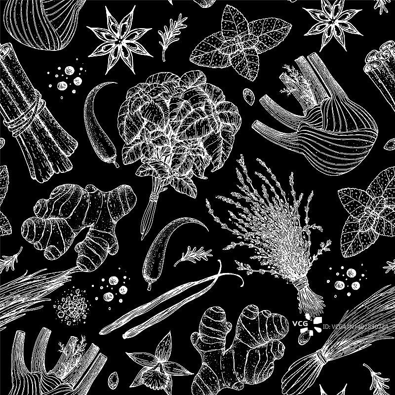 香草和香料无缝图案手绘矢量插图。草图设计。雕刻香料。茴香、姜、罗勒、大茴香、香草、肉桂、辣椒。图片素材