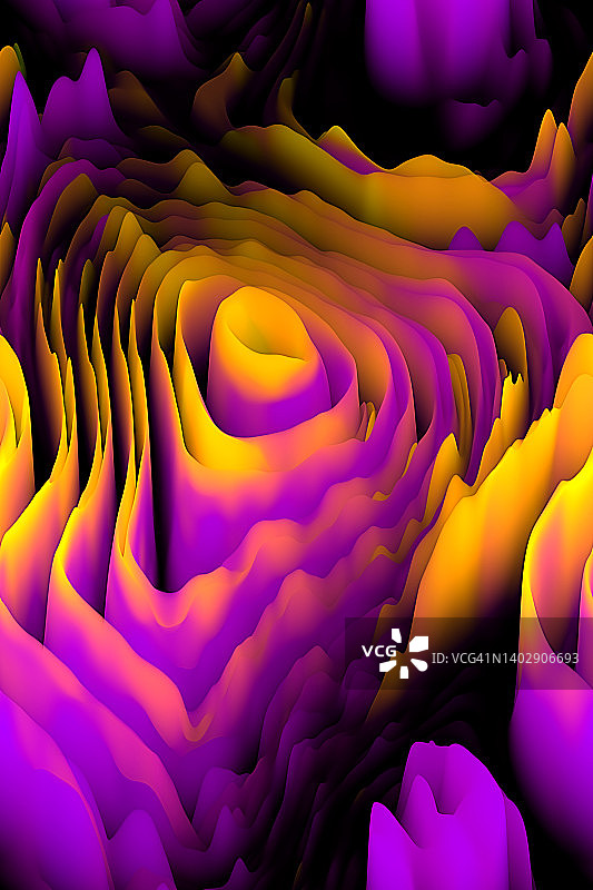 抽象3D黄色紫色流动无缝图案山峰山丘曲线波浪背景。高品质图片素材