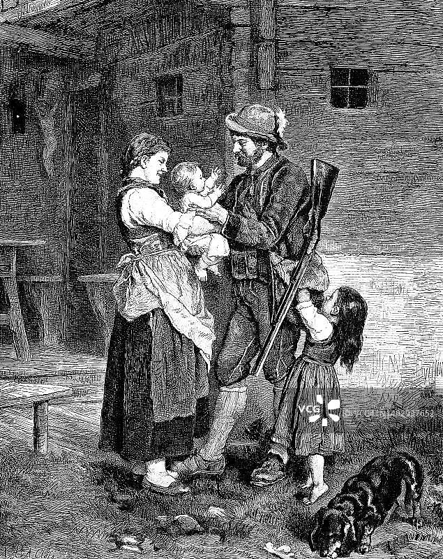 猎人归来与妻儿团聚，1880年奥地利图片素材