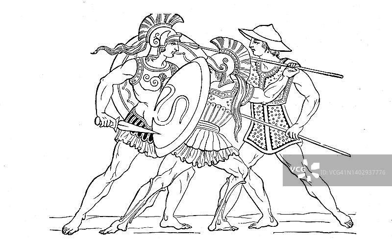 公元480年希腊战士，持盾佩剑，数字修复19世纪画作图片素材