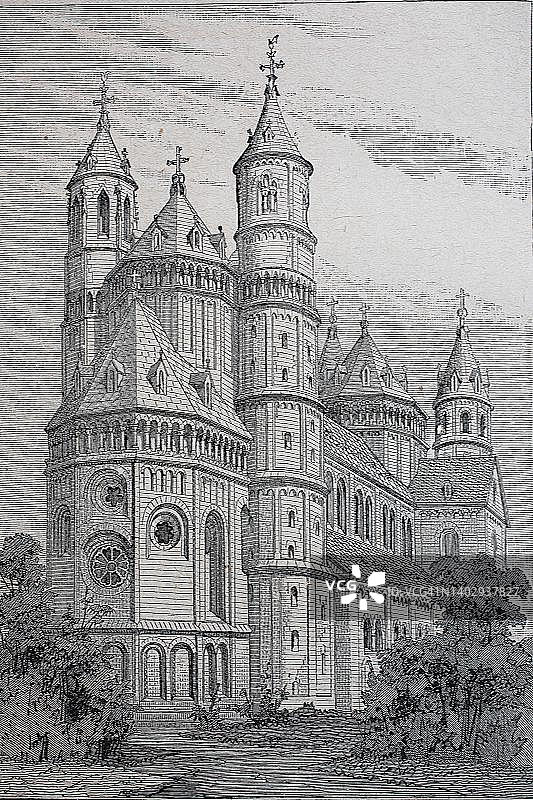1865年德国沃尔姆斯大教堂（历史数码修复19世纪原版，确切日期未知）图片素材