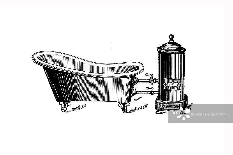 带炉子的浴缸，约1890年，德国，历史照片，19世纪原版的数字修复复制品，确切日期未知图片素材