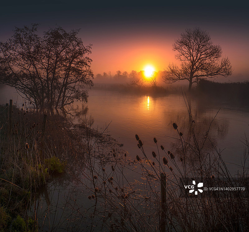 英国多塞特郡斯陶尔河畔的春日风光与洪水图片素材