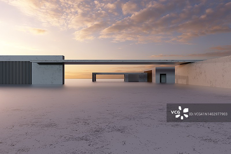 带空旷水泥地面未来主义建筑背景，汽车展示的3D渲染图片素材