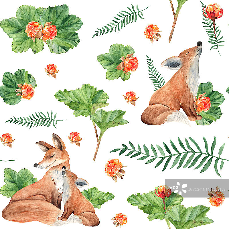可爱狐狸、 cloudberries和绿色小树枝无缝图案，水彩手绘插画图片素材
