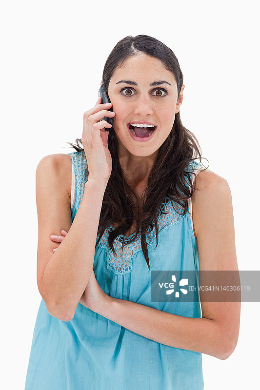 正在打电话的惊讶女人画像图片素材
