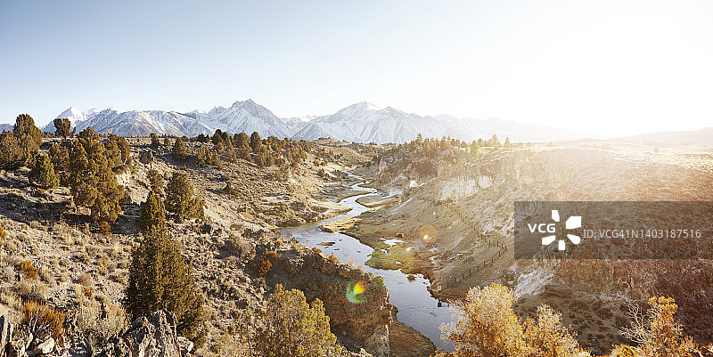 加利福尼亚热水溪地质遗址的蜿蜒温泉河与远处日落山景图片素材