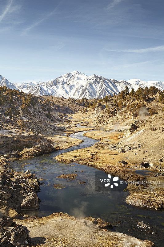 蜿蜒的温泉河，远处是山脉，加利福尼亚州热门溪地质遗址图片素材