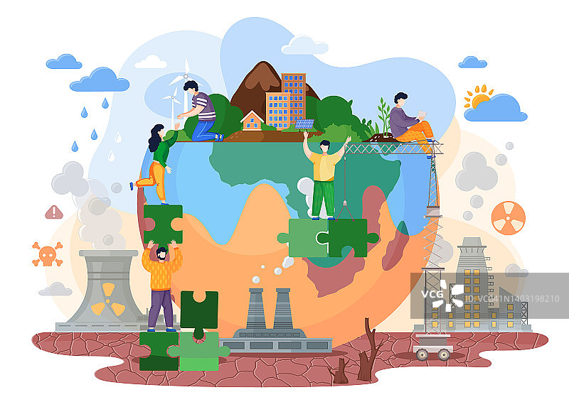 人们努力拯救地球环境，地球被布满裂缝的荒地包围图片素材