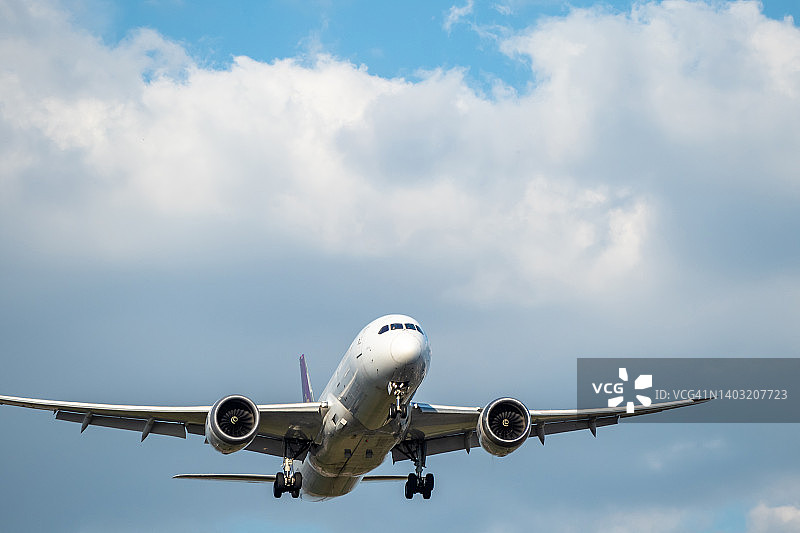 白色777商用飞机从机场跑道起飞或降落图片素材