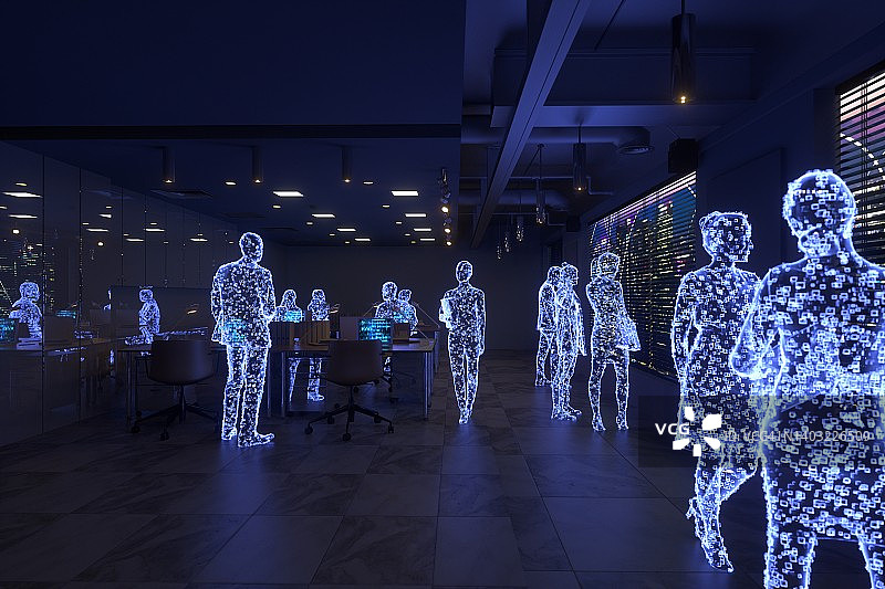 元宇宙中的团队合作与赛博城市天际线图片素材