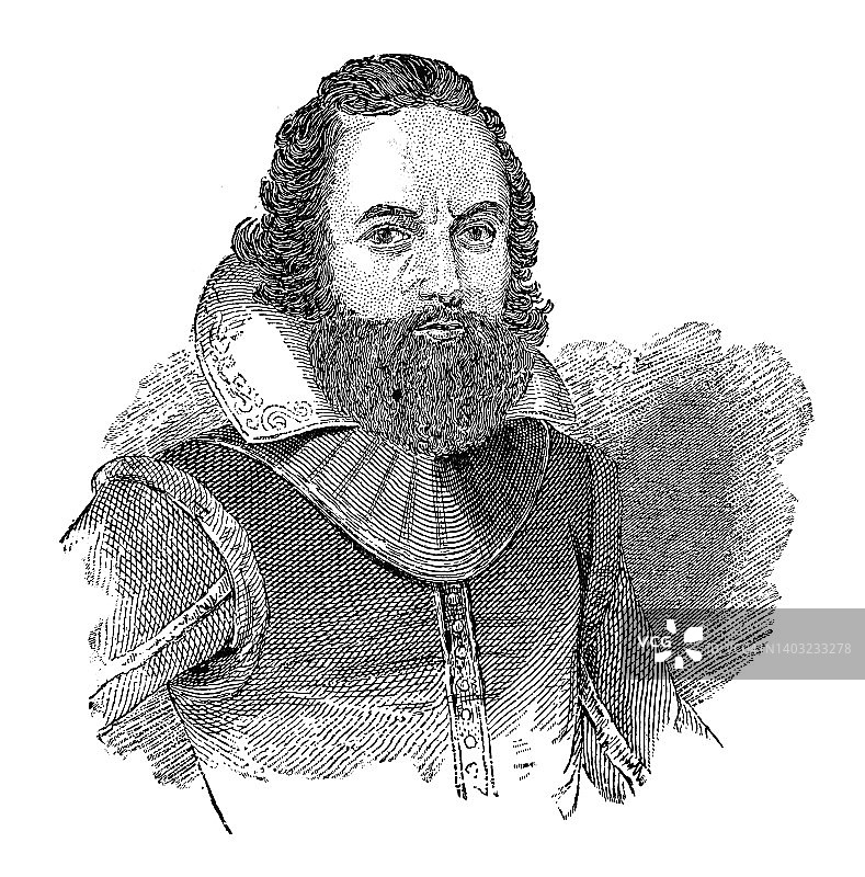 英国士兵、探险家、殖民地总督约翰·史密斯上尉肖像图片素材