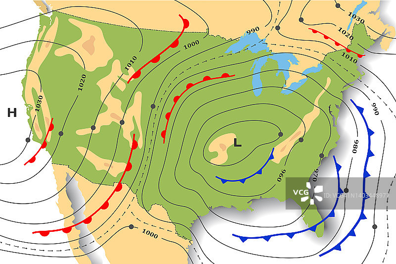 美国天气预报地图。带有地理地貌和海拔的地形图。天气图模板，包含图形图表中的移动锋面气旋和反气旋风、等压线、温度图片素材