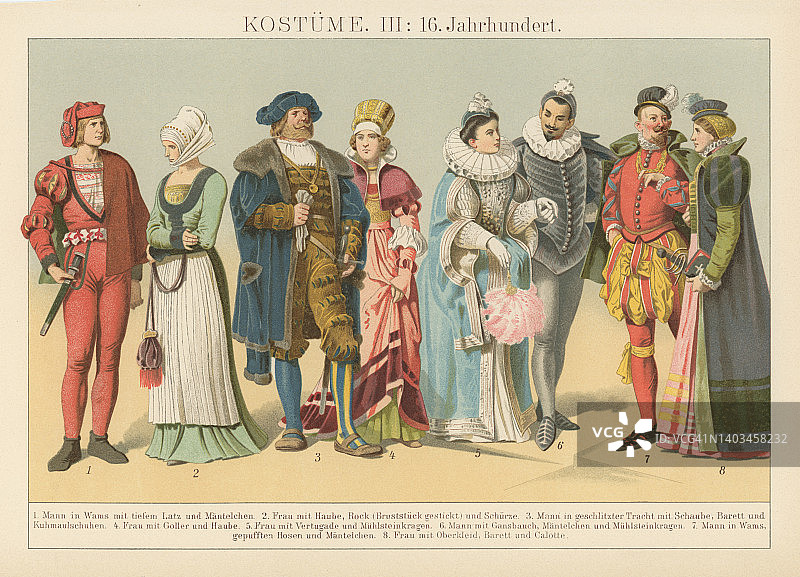 16世纪服装古老彩色石印插图图片素材