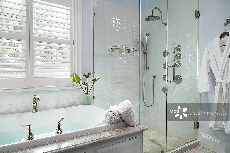 带喷射玻璃淋浴和大型浴缸的豪华浴室图片素材