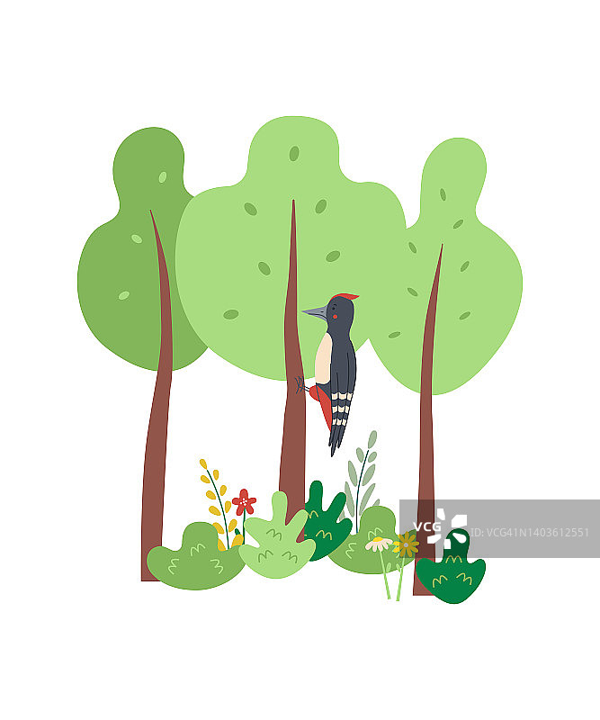 扁平风格的森林可爱啄木鸟卡通儿童场景海报矢量插画图片素材
