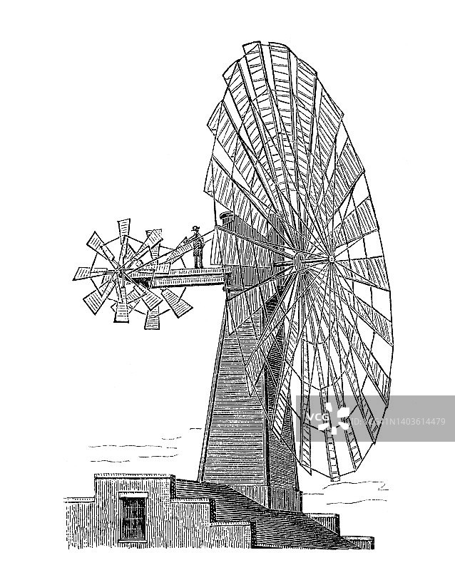 风力发动机古老雕刻插图图片素材