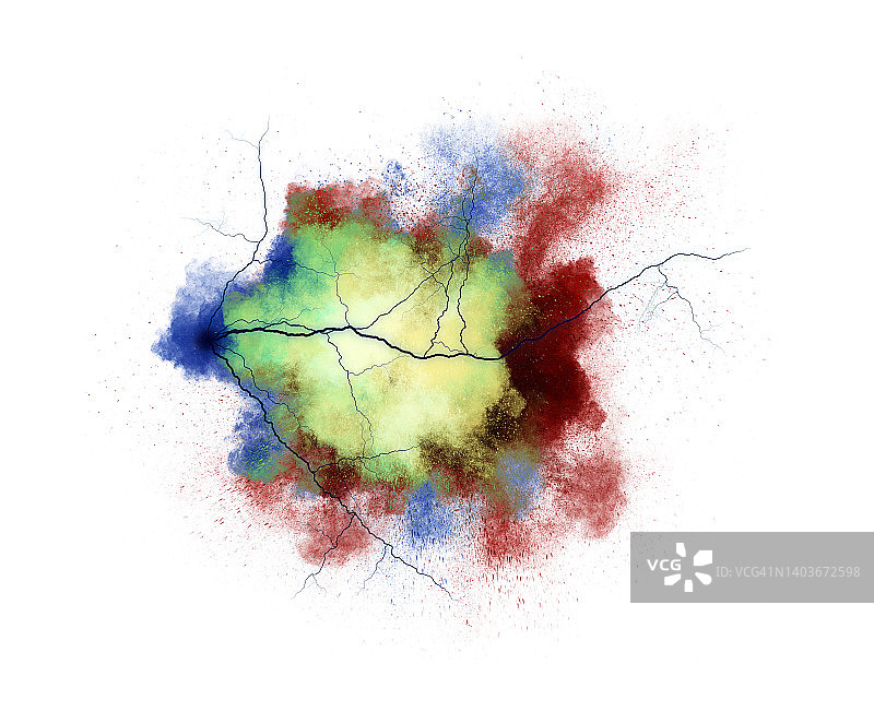 白色背景上的带烟雾和闪电的电爆炸效果图片素材