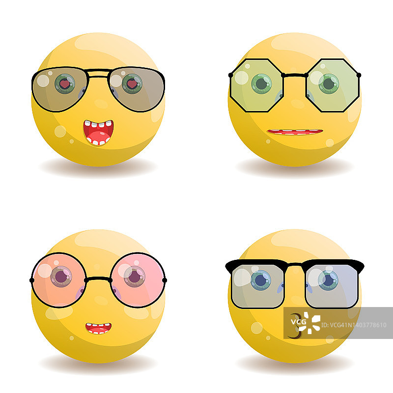 四款不同颜色、不同情绪的表情符号，佩戴飞行员和八角形眼镜，黑色方框和圆框图片素材