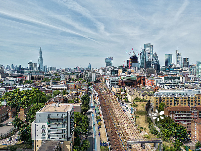 无人机视角下的伦敦天际线和著名的缆绳街图片素材